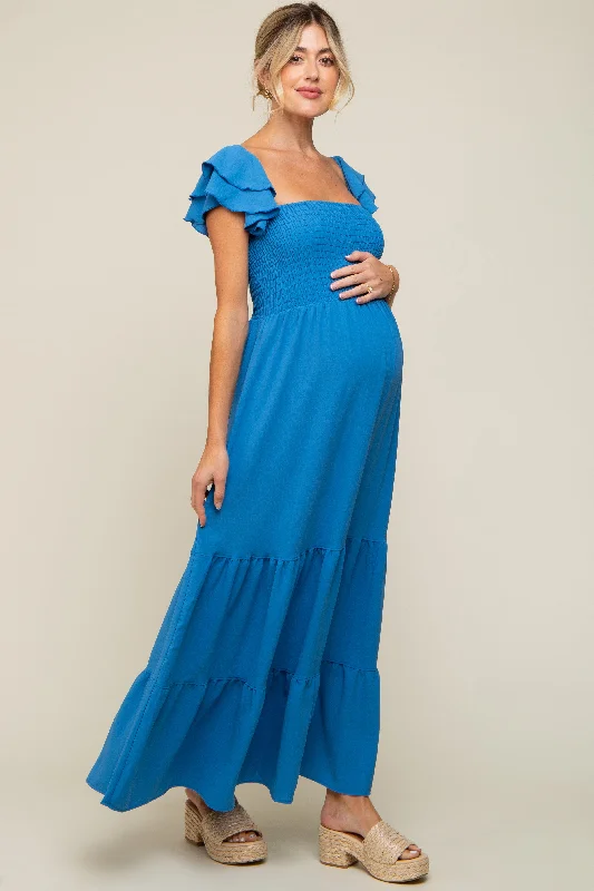 Shift Women Dress with a Simple and Classic Design for Everyday WearBlue Smocked Ruffle Off Shoulder Tiered Maternity Maxi Dress