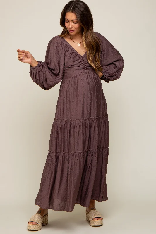 Shift Women Dress with a Simple and Classic Design for Everyday WearBrown Smocked Front Cutout Tiered Maternity Maxi Dress