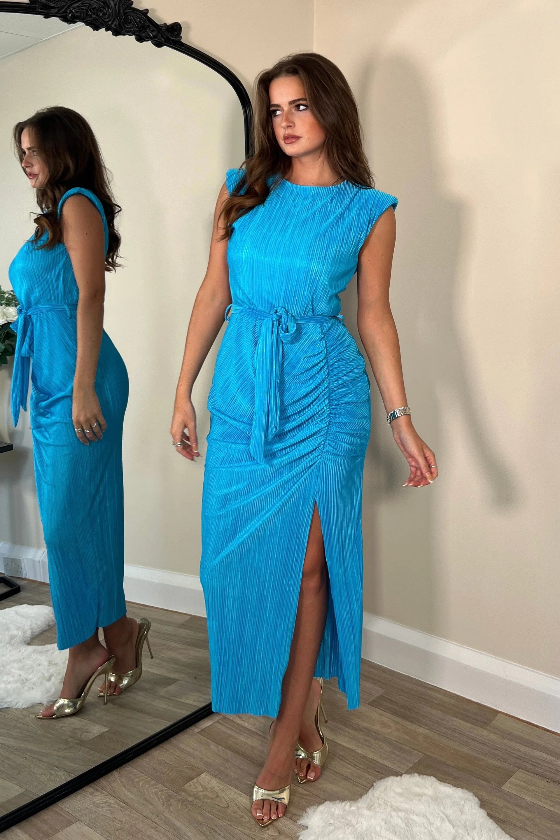 Pleated Women Dress with a Timeless and Elegant TextureElena Blue Ruched Seamed Belted Midi Dress