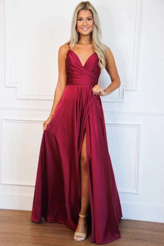 Sleeveless Women Dress in Bright Colors for Summer PartiesElla Satin Slit Formal Dress: Burgundy