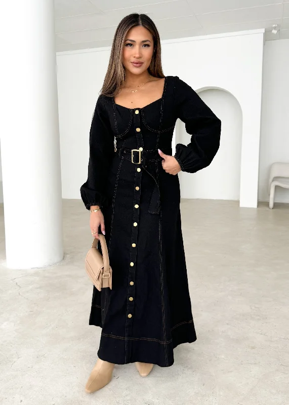 Little Black Women Dress with Sequins for a Glamorous Night OutFiorella Denim Maxi Dress - Black