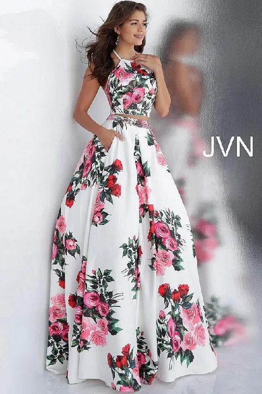 Sleeveless Women Dress in Bright Colors for Summer PartiesJovani 66058 Two Piece Floral Prom Dress