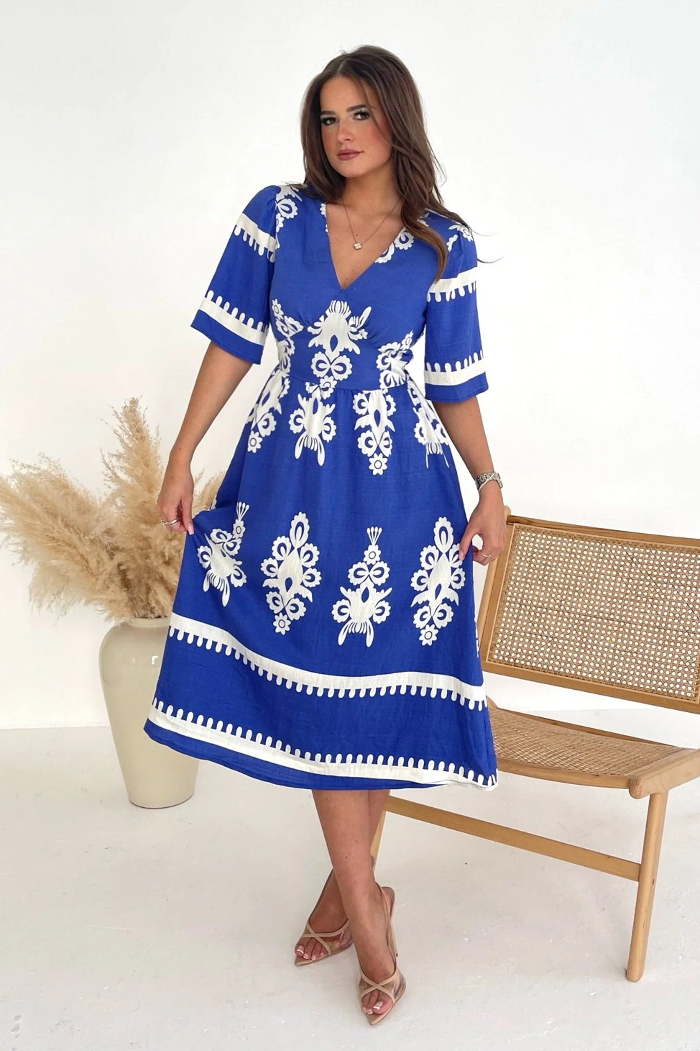 Mermaid - Style Women Dress with a Fitted Silhouette for Special OccasionsLacey Cobalt Blue Border Midi Dress