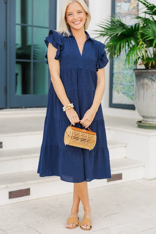 Halter Neck Women Dress to Show Off the Shoulders and NecklineLook You Up Navy Blue Ruffled Midi Dress