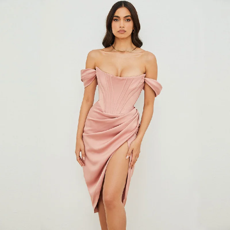 Lace - Embellished Women Dress for an Elegant and Sophisticated AppearanceOff Shoulder Draped Corset Cocktail Midi Dress - Pink