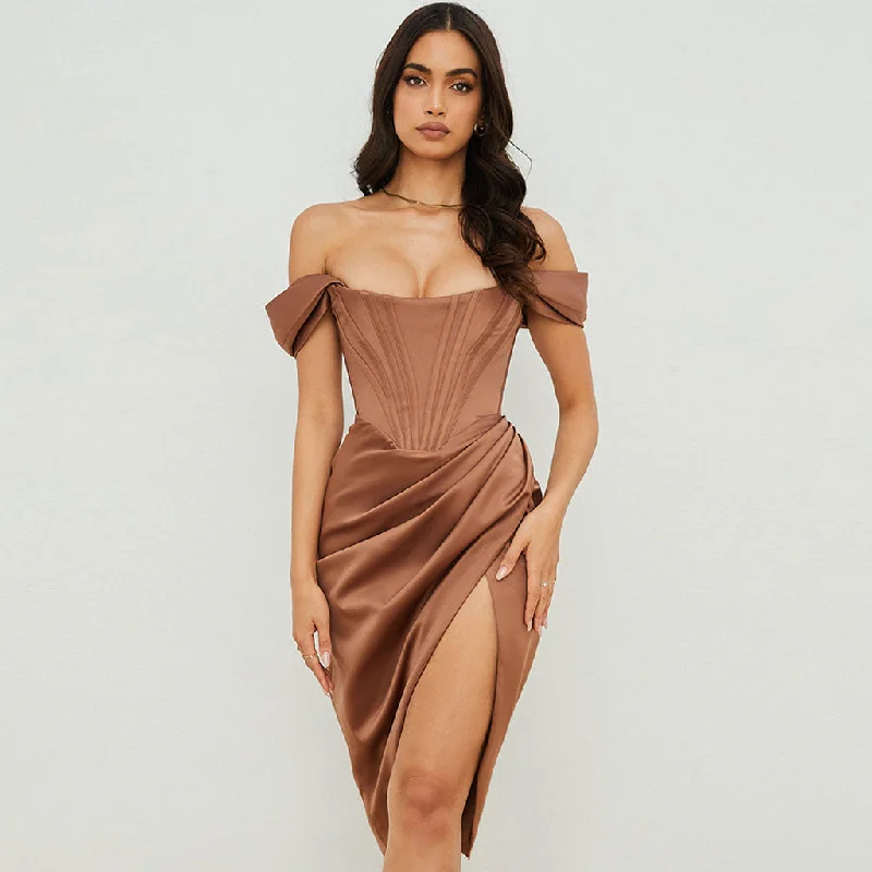 Backless Women Dress for a Sexy and Alluring Look at Evening EventsOff Shoulder Draped Corset Cocktail Midi Dress - Chocolate