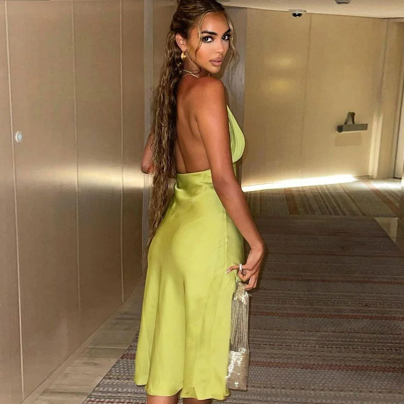 Empire Waist Women Dress to Accentuate the Bust and Conceal the WaistPleated Halter V Neck Cocktail Midi Dress - Green