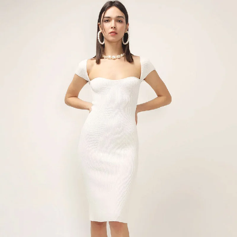 Little Black Women Dress with Sequins for a Glamorous Night OutSweetheart Neck Cap Sleeve Ribbed Knit Bodycon Midi Dress - White