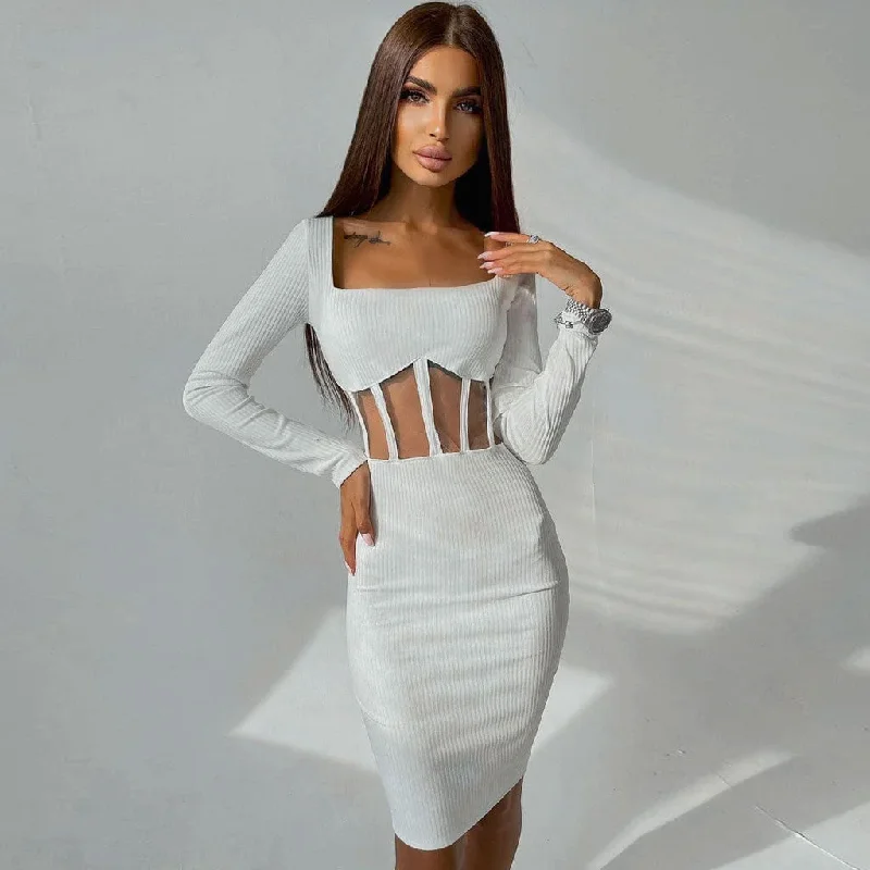 Pleated Women Dress with a Timeless and Elegant TextureSquare Neck Long Sleeve Mesh Panel Rib Knit Midi Dress - White