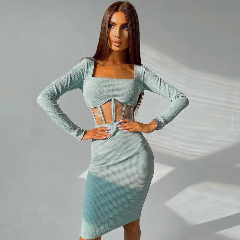 Long - Sleeve Women Dress in Velvet for a Luxurious Winter LookSquare Neck Long Sleeve Mesh Panel Rib Knit Midi Dress - Teal