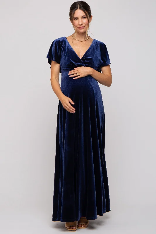 Long - Sleeve Women Dress in Velvet for a Luxurious Winter LookNavy Blue Velvet Maternity Maxi Dress