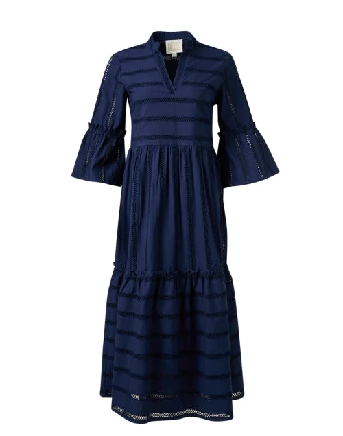 Strapless Women Dress with a Built - in Bra for Comfort and SupportNavy Eyelet Stripe Midi Dress