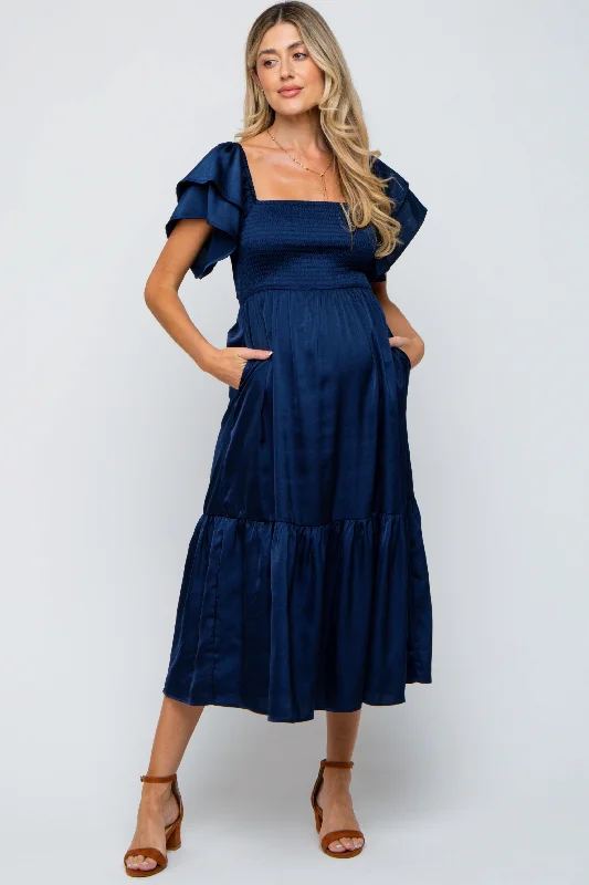 Empire Waist Women Dress to Accentuate the Bust and Conceal the WaistNavy Satin Flutter Sleeve Maternity Midi Dress