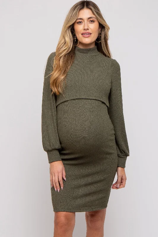 Strapless Women Dress with a Built - in Bra for Comfort and SupportOlive Rib Knit Mock Neck Maternity Nursing Dress