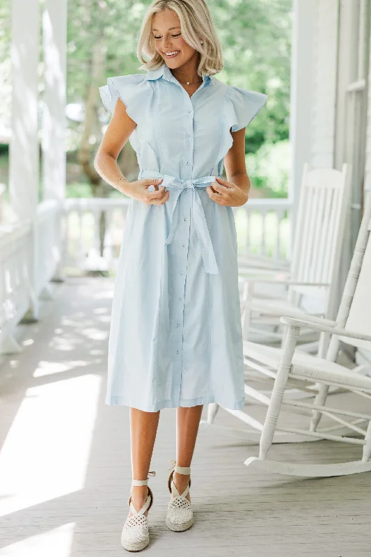 Pleated Women Dress with a Timeless and Elegant TexturePlay Through Sky Blue Button Down Midi Dress