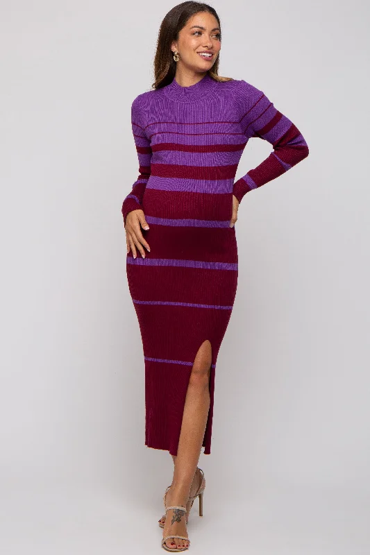 Mermaid - Style Women Dress with a Fitted Silhouette for Special OccasionsPlum Striped Mock Neck Maternity Sweater Dress