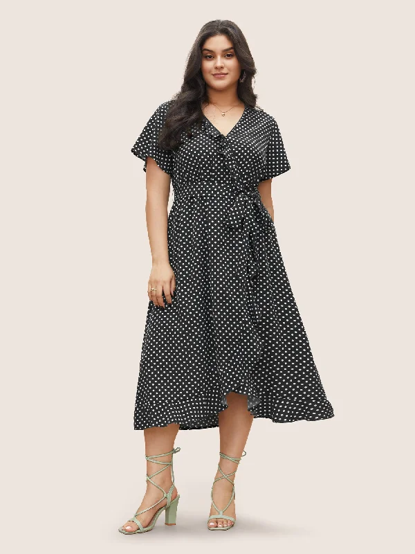 Printed Abstract Women Dress for a Modern and Artistic AppealPolka Dot Flutter Trim Belted Overlap Collar Dress