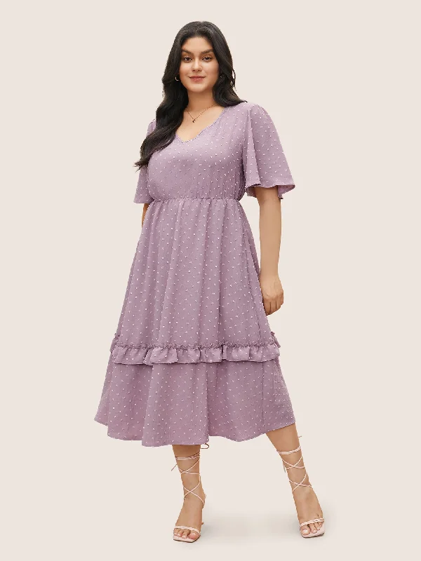 Mermaid - Style Women Dress with a Fitted Silhouette for Special OccasionsPolka Dot V Neck Pocket Ruffle Midi Dress