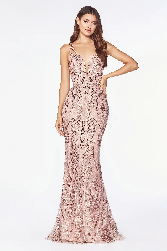 Lace - Embellished Women Dress for an Elegant and Sophisticated AppearanceCinderella Divine CM9122 Prom Sleeveless Sequin Print Long Fitted Dress Formal