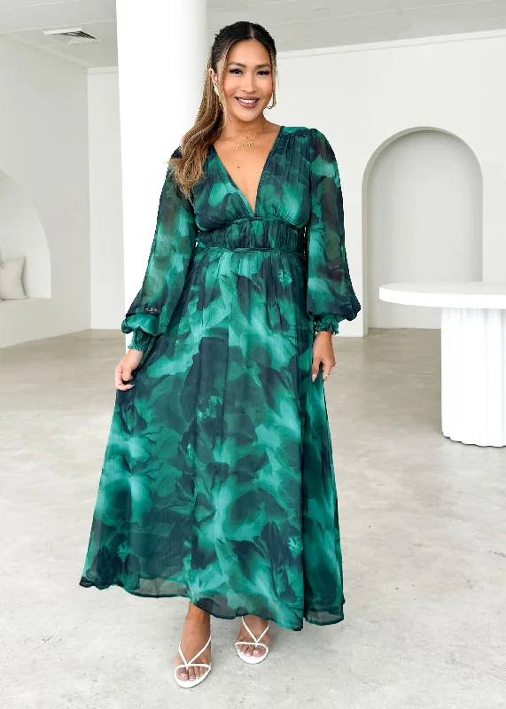 Ball Gown Women Dress with a Full Skirt for a Princess - like LookRainta Maxi Dress - Emerald Watercolour