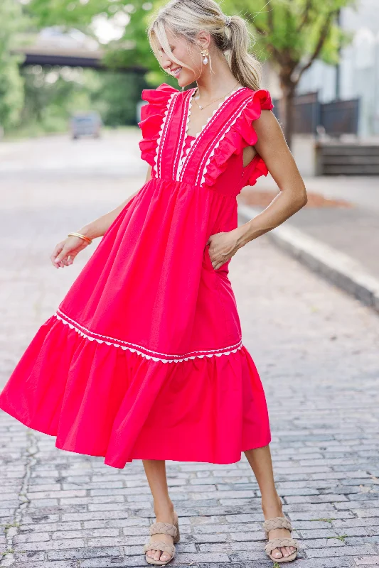 Ruffled Women Dress with Multiple Layers for a Playful and Girly StyleReady For The Day Red Ruffled Midi Dress