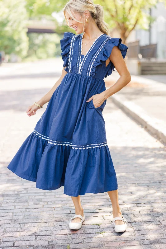 Lace - Embellished Women Dress for an Elegant and Sophisticated AppearanceReady For The Day Navy Blue Ruffled Midi Dress