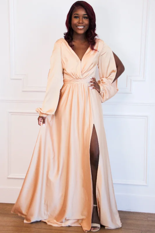 Empire Waist Women Dress to Accentuate the Bust and Conceal the WaistScarlett Long Sleeve Slit Formal Dress: Champagne