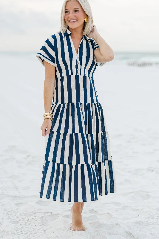 Backless Women Dress for a Sexy and Alluring Look at Evening EventsSearch Your Heart Navy Blue Striped Midi Dress