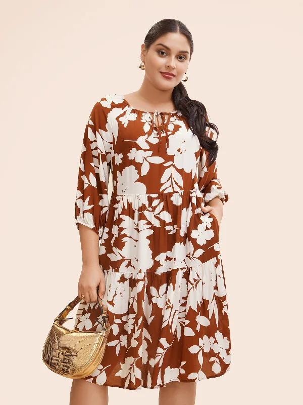 Lace - Embellished Women Dress for an Elegant and Sophisticated AppearanceSilhouette Floral Print Knot Neck Lantern Sleeve Dress