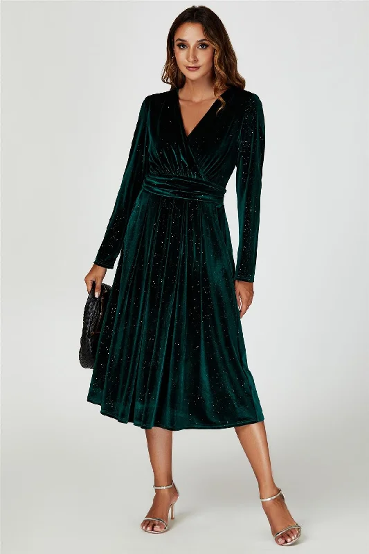 Empire Waist Women Dress to Accentuate the Bust and Conceal the WaistSilver Sparkly Velvet Wrap Top Midi Dress In Green