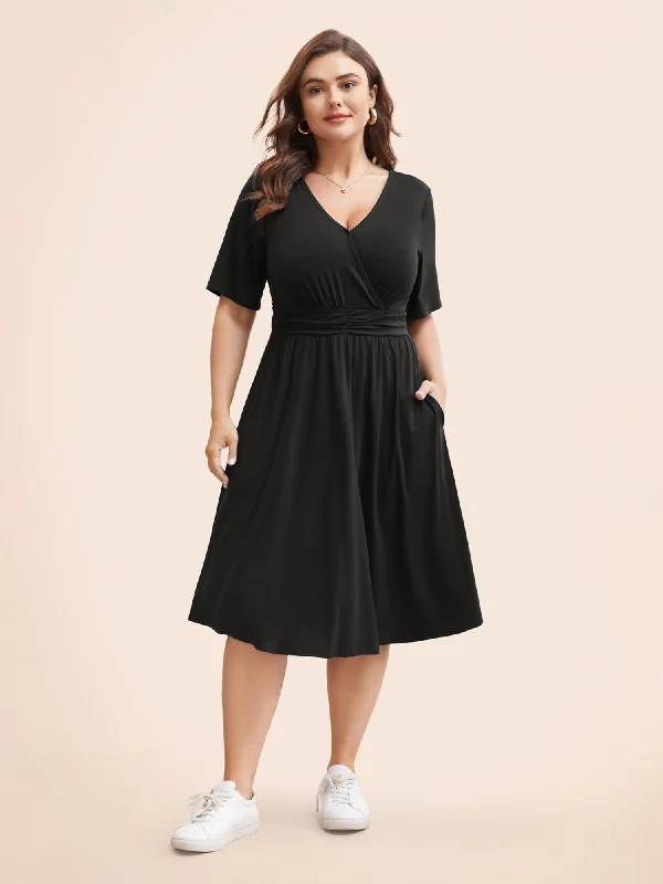 Strapless Women Dress with a Built - in Bra for Comfort and SupportSupersoft Essentials Solid Surplice Neck Ruched Front Dress