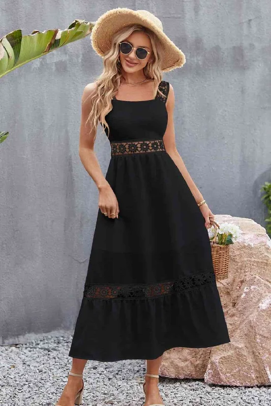 Strapless Women Dress with a Built - in Bra for Comfort and SupportSpliced Lace Square Neck Sleeveless Midi Dress