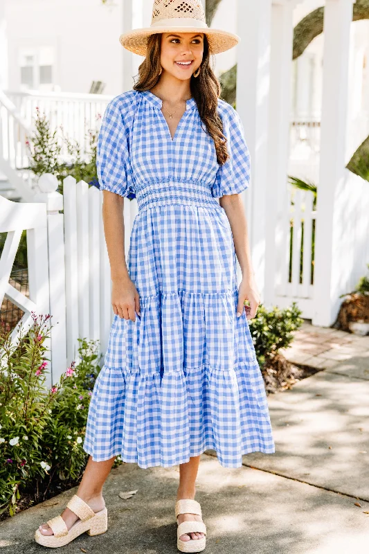 Ruffled Women Dress with Multiple Layers for a Playful and Girly StyleStay The Course Blue Gingham Midi Dress