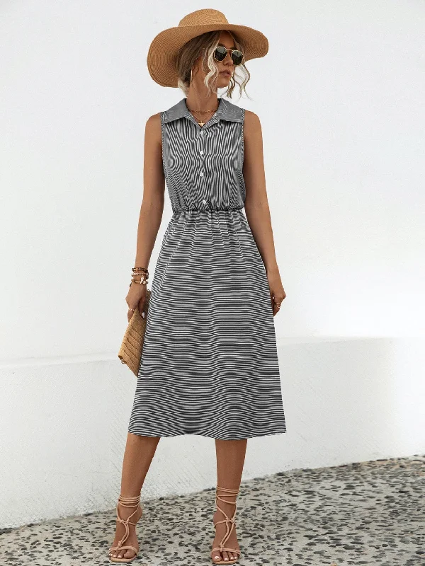 Empire Waist Women Dress to Accentuate the Bust and Conceal the WaistStriped Collared Neck Sleeveless Midi Dress