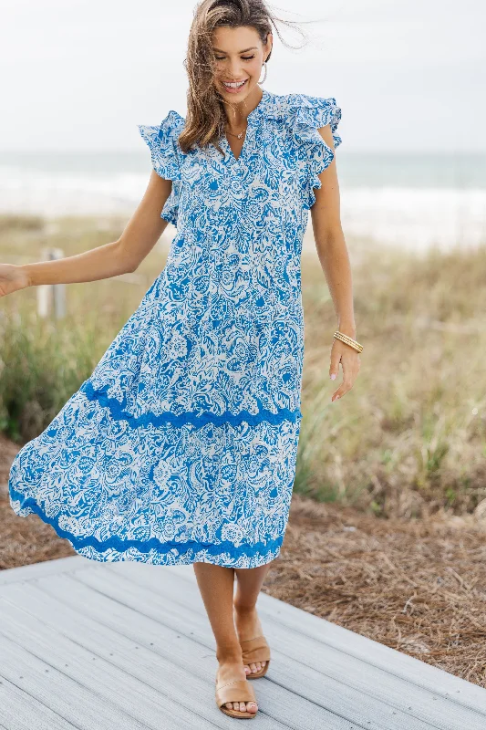 Printed Abstract Women Dress for a Modern and Artistic AppealSweet New Day Blue Paisley Rickrack Midi Dress