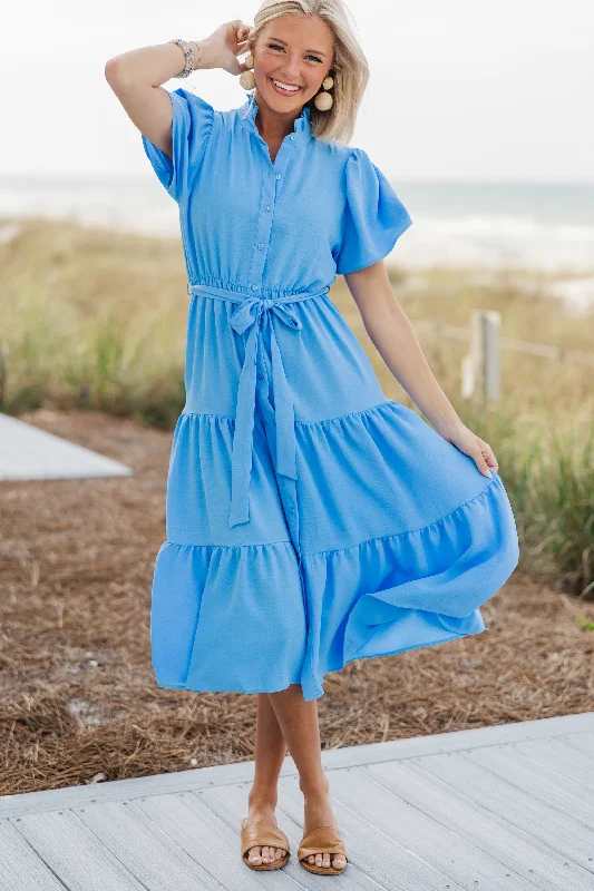 Off - the - Shoulder Women Dress for a Romantic and Feminine LookTell It All Dusty Blue Button Down Midi Dress