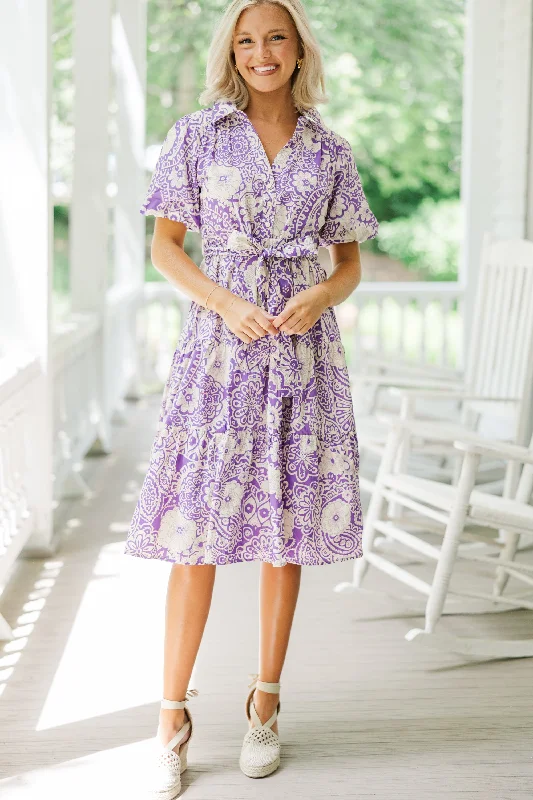 Strapless Women Dress with a Built - in Bra for Comfort and SupportThere You Go Lavender Purple Floral Midi Dress