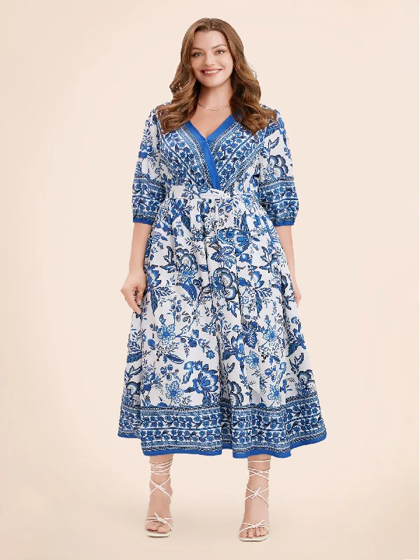 Ball Gown Women Dress with a Full Skirt for a Princess - like LookBandana Print Surplice Neck Lantern Sleeve Pocket Belted Midi Dress