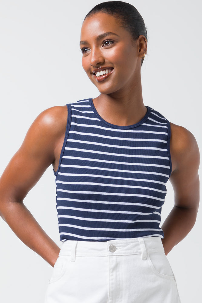 Embroidered Women T Shirt with Intricate DetailsStripe Rib Cotton Spandex Vest Navy