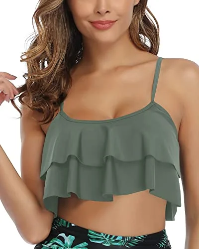 UV - protection bikini for safe sun exposure during beach daysTiered Flowy Ruffled Swim Top Hem Ruffled Bikini Top-Army Green