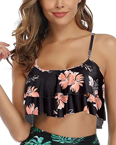 Ruched bikini with fabric gathers for a slimming effectAdjustable Bra Style Swim Top Straps And Padds Ruffled Bikini Top-Black Orange Floral