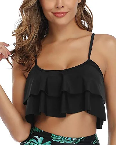 Floral - printed bikini for a feminine and colorful beach vibeFlounce Swim Top Falbala Swimsuit Tank Top Ruffled Bikini Top-Black