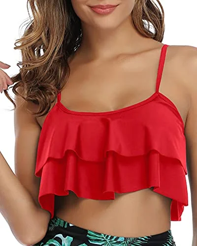 Push - up bikini top to enhance the bust for a confident beach appearanceAdjustable Bra Style Ruffled Swimsuit Tank Top For Women-Red