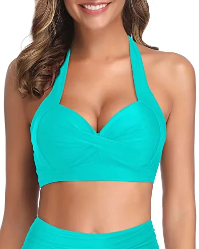 Long - line bikini top for added support and a fashionable lookExtra Tie Retro Bathing Suit Top For Safety-Aqua