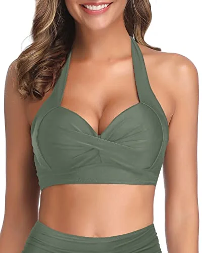 Ruched bikini with fabric gathers for a slimming effectAdjustable Halter Neck Push Up Swim Top-Army Green