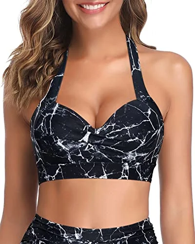 Neon - colored bikini to stand out on the beachThick Band Halter Neck Retro Bikini Top For Women-Black Marble