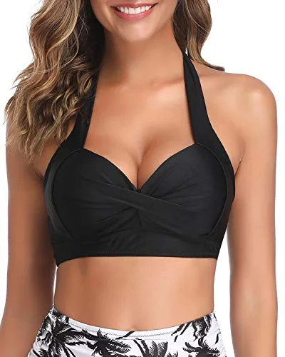 Metallic - finish bikini for a glamorous and eye - catching poolside lookAdjustable Halter Neck Push Up Bikini Top For Women-Black