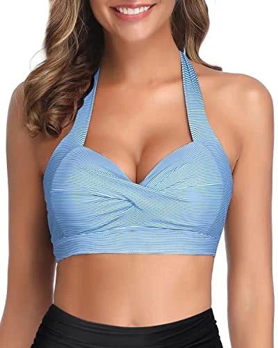 Convertible bikini that can be worn in multiple styles for versatilityRetro Padded Push Up Halter Bikini Top-Blue White Stripe