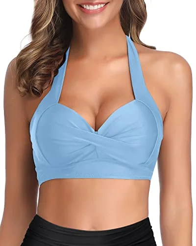 High - waisted bikini for a retro and tummy - flattering lookClasp Hook Closure Halter Retro Bikini Top For Women-Light Blue