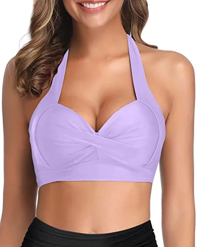 UV - protection bikini for safe sun exposure during beach daysPush Up Halter Retro Bathing Suit Top-Light Purple